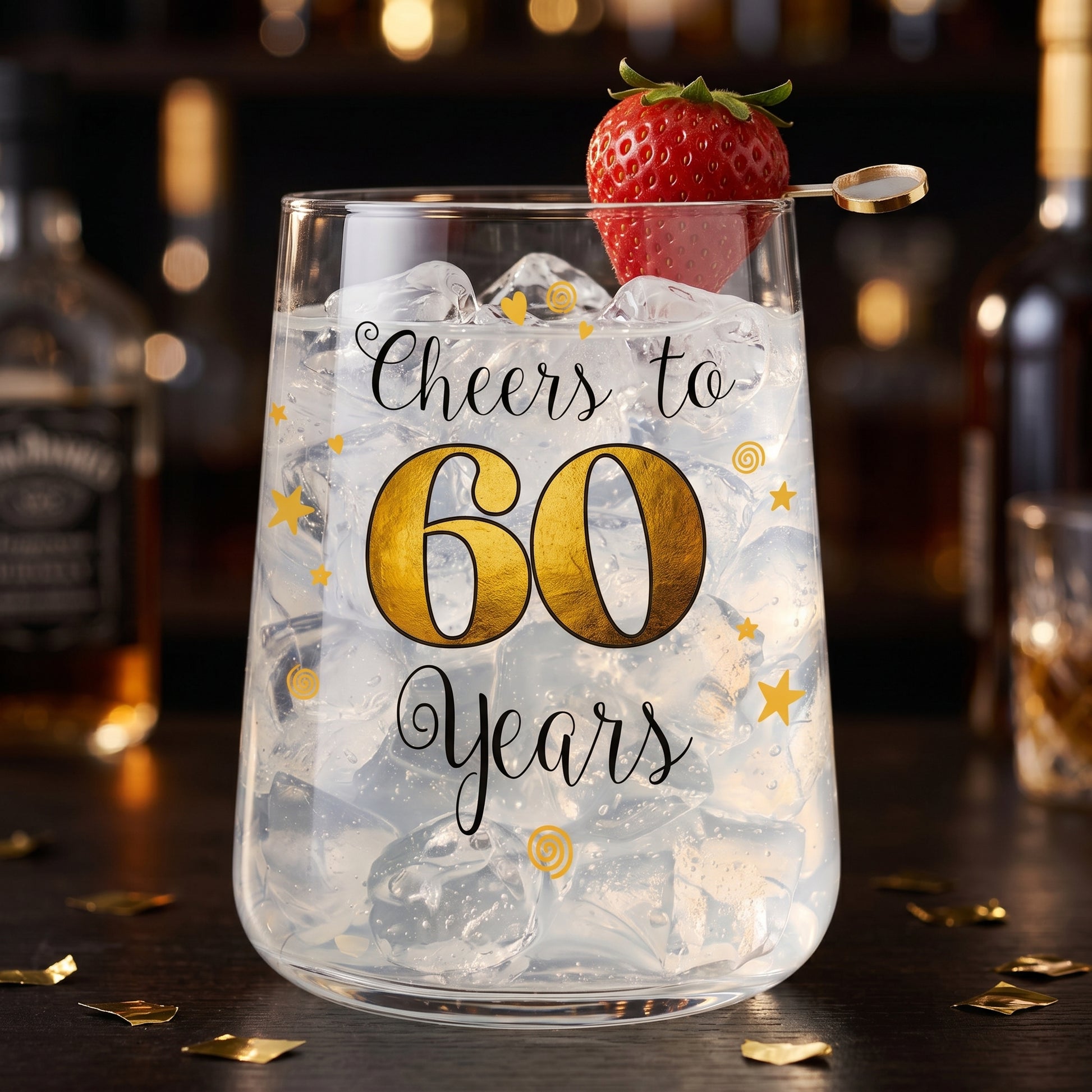 Wasserglas zum 60. Geburtstag mit goldfarbener 60, Eiswürfeln und Erdbeere