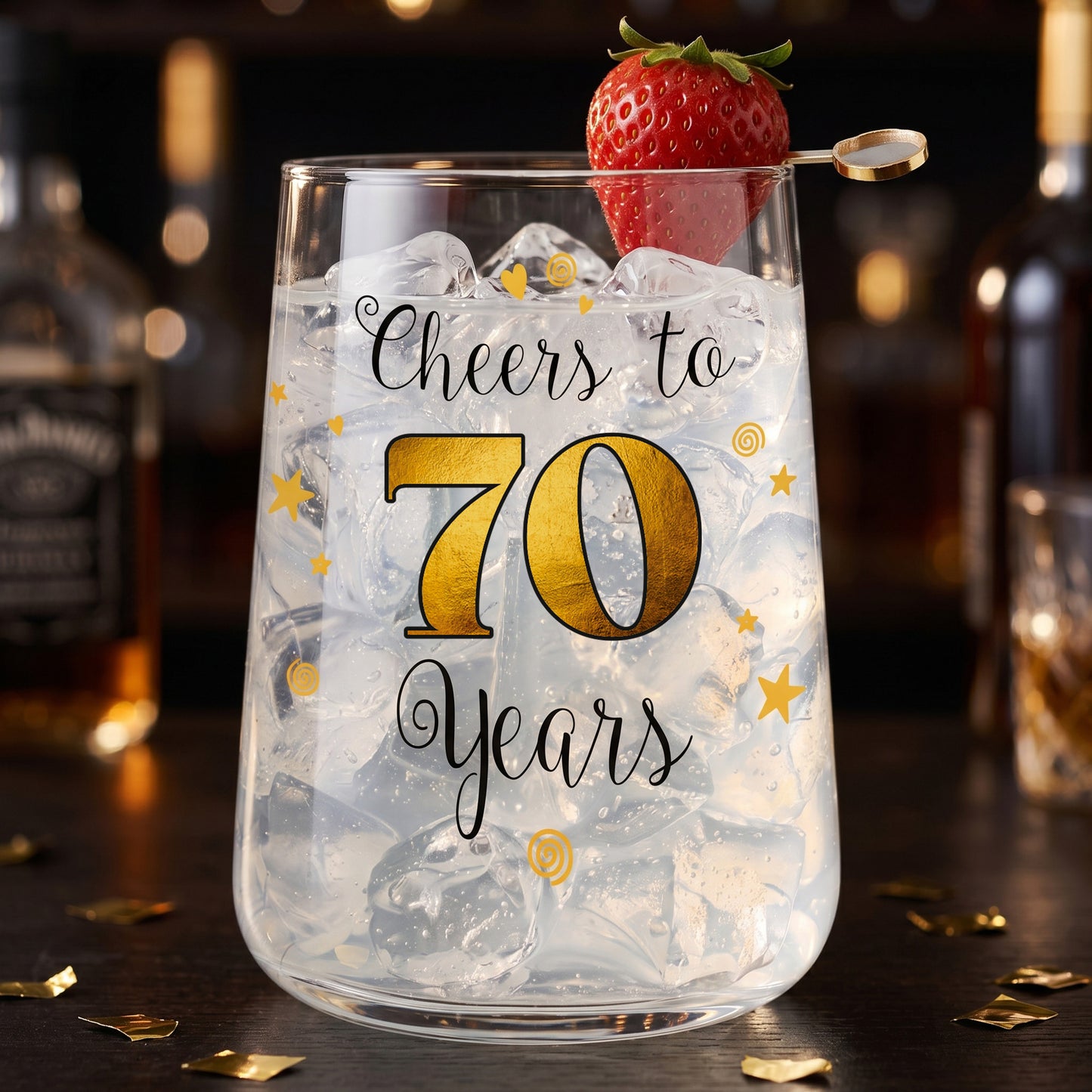 Wasserglas zum 70. Geburtstag mit goldfarbener 70, Eiswürfeln und Erdbeere