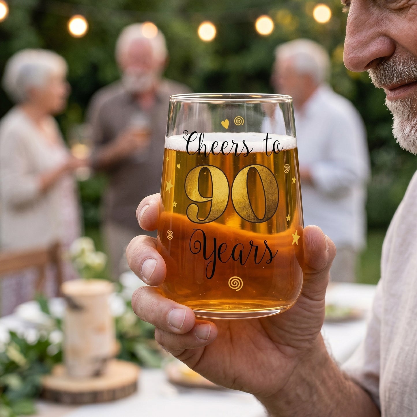 Trinkglas mit „Cheers to 90 Years“-Motiv in der Hand bei einer Gartenfeier