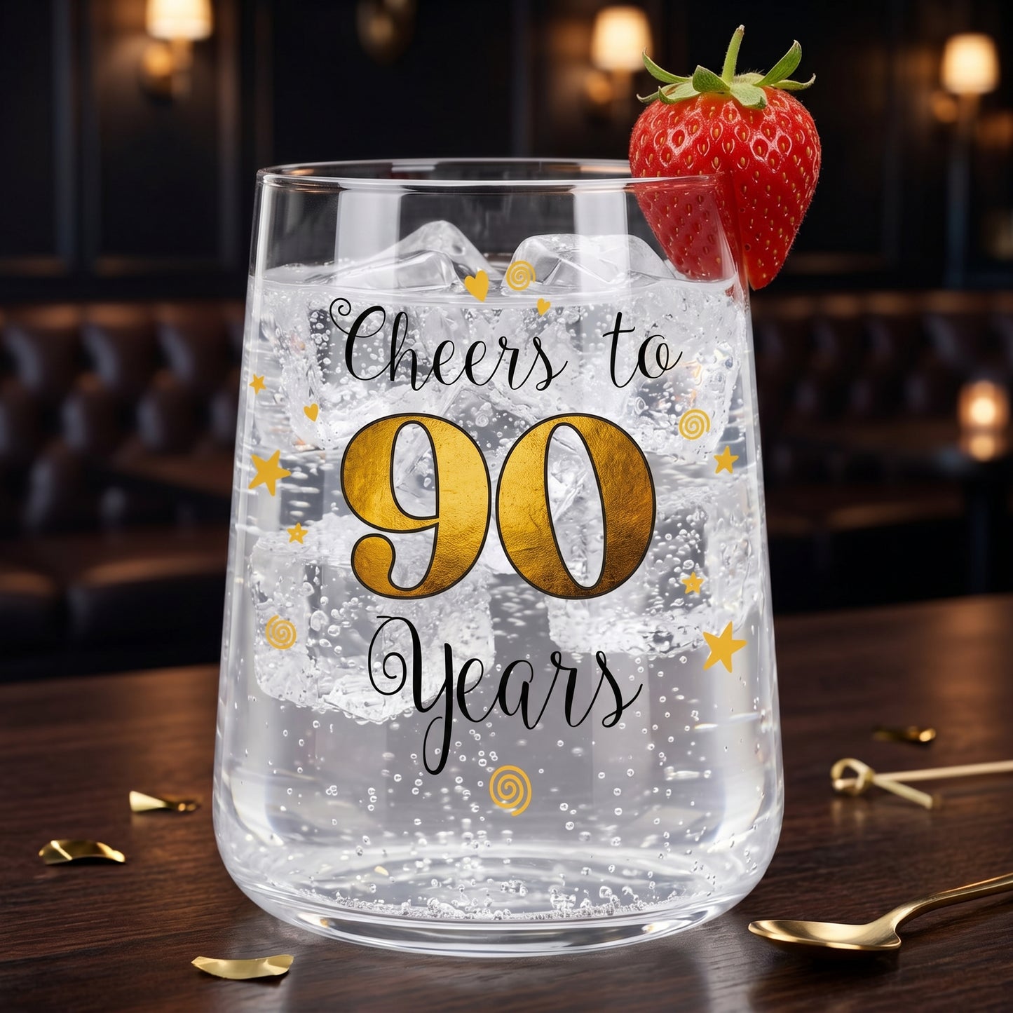 Wasserglas zum 90. Geburtstag mit Eiswürfeln, Sprudelwasser und Erdbeere auf dunklem Tisch