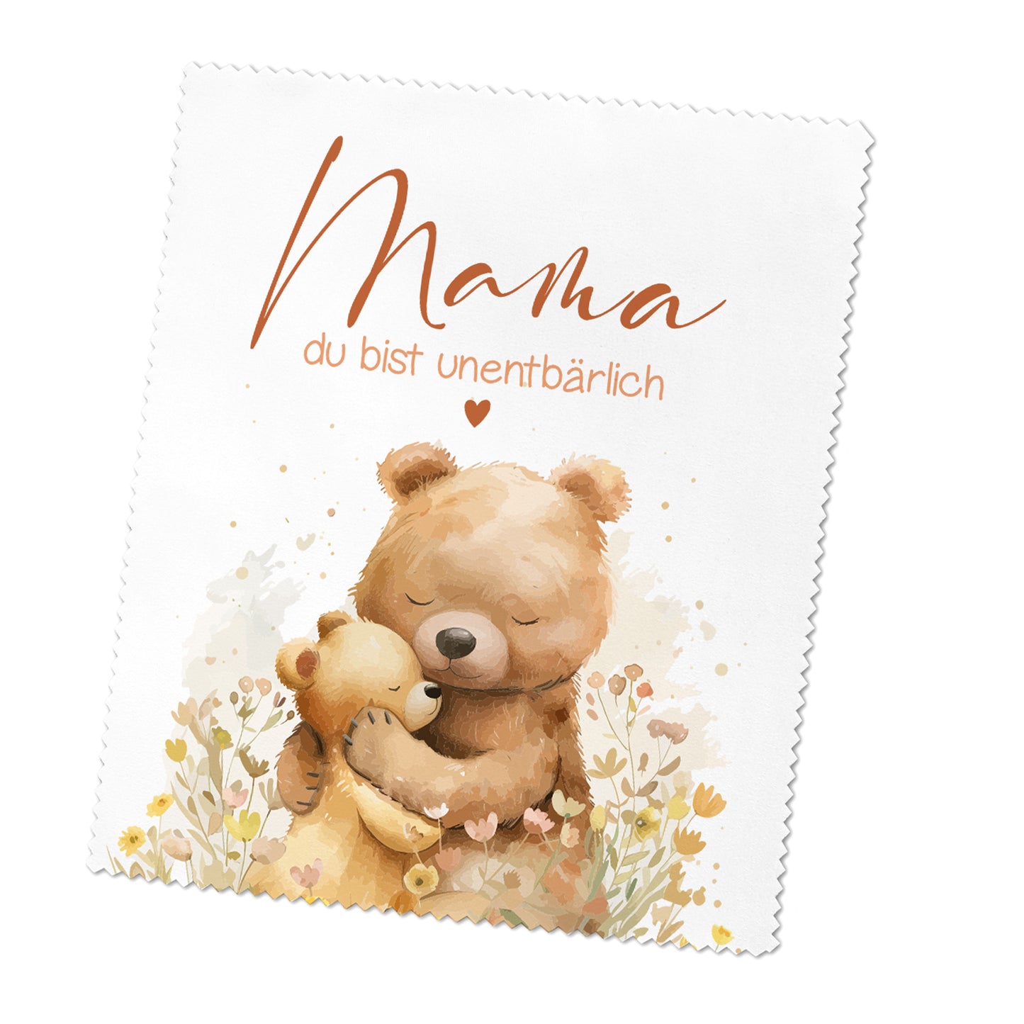 Brillenputztuch mit Mama Bärenmotiv freigestellt auf weißem Hintergrund