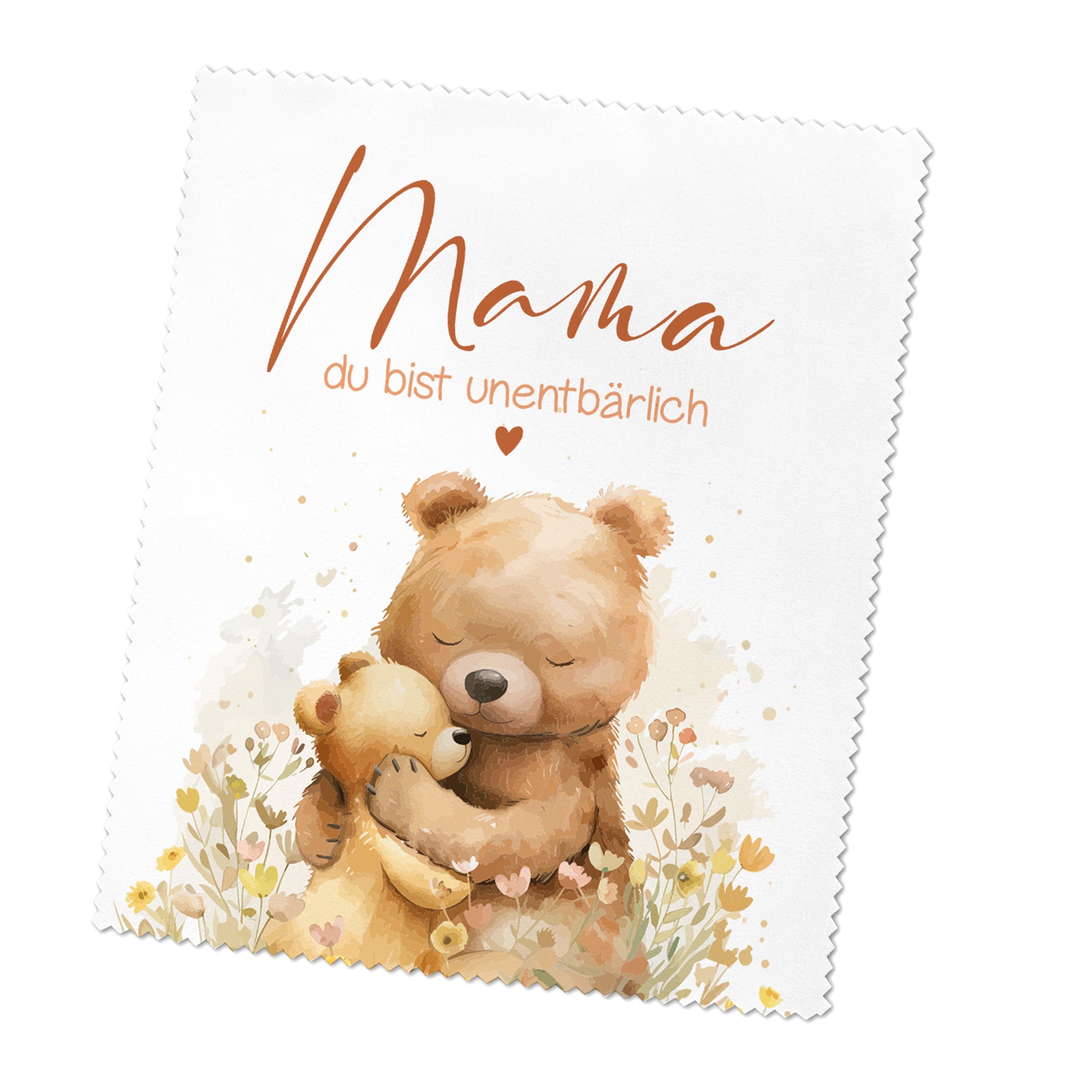 Brillenputztuch mit Mama Bärenmotiv freigestellt auf weißem Hintergrund