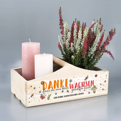 Holzkorb mit eigenem Text als Dankeschön-Geschenk "Danke, dass du uns beim Wachsen geholfen hast"