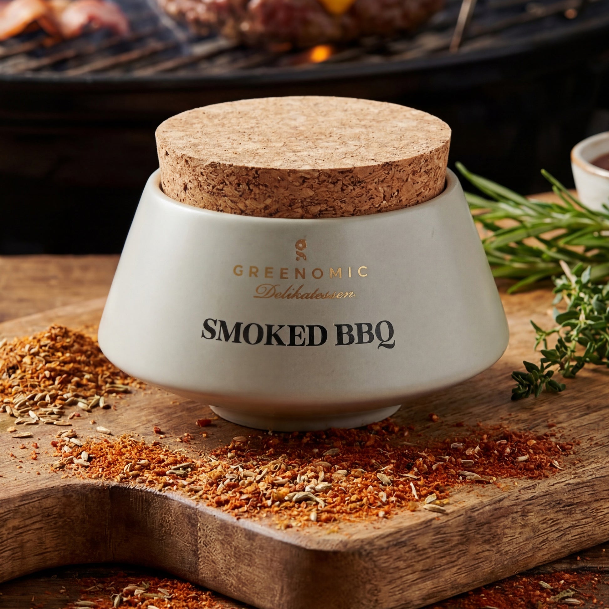Smoked BBQ Gewürz im handgefertigten Tontopf vor Grill mit frischen Kräutern