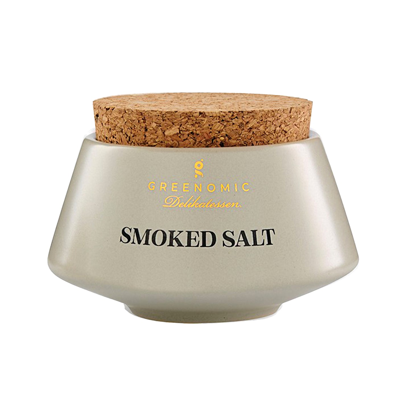 Greenomic Smoked Salt freigestellt auf weißem Hintergrund im edlen Keramiktopf