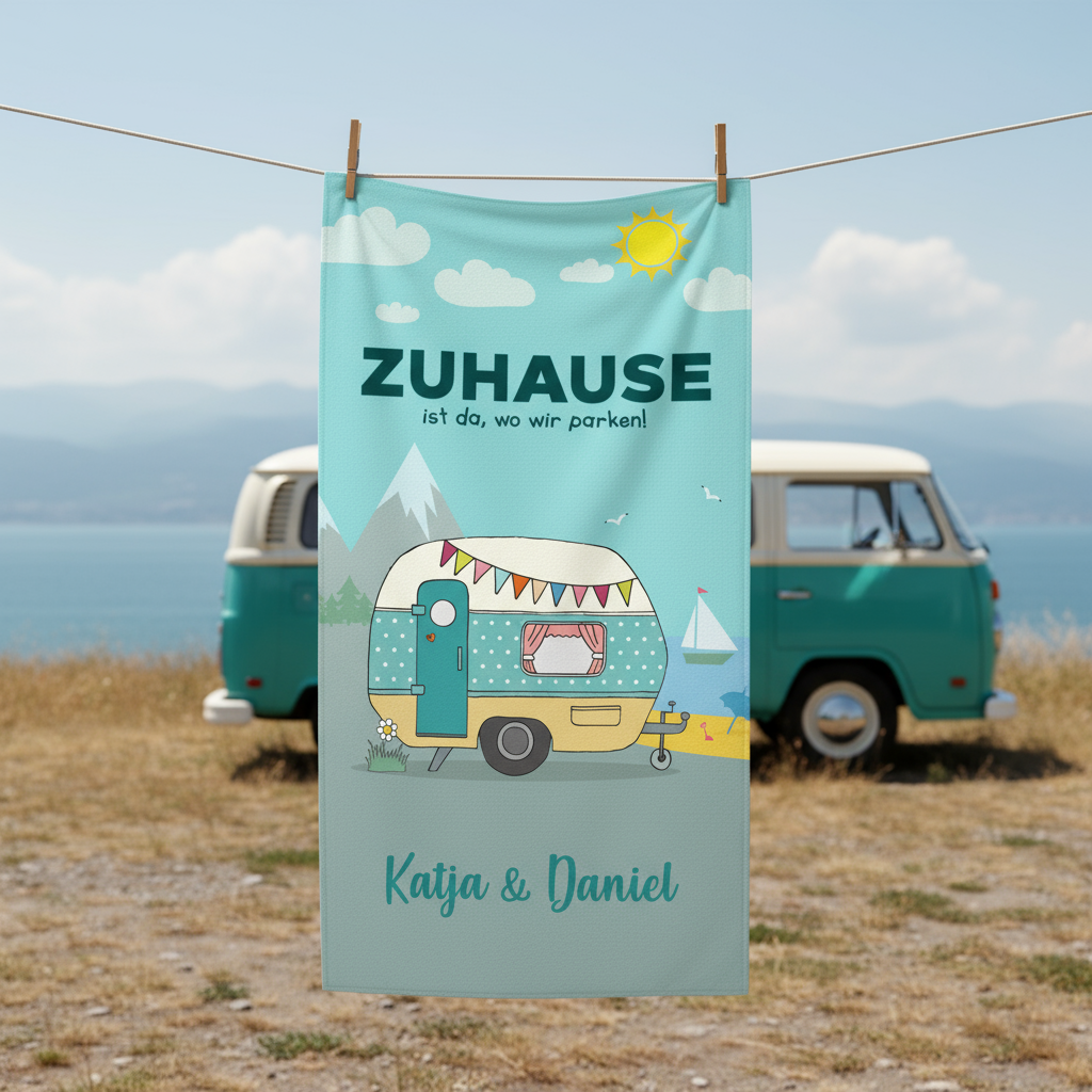 Personalisiertes Handtuch mit Wunschtext für den Campingurlaub in 3 Größen | Geschenk für den Urlaub