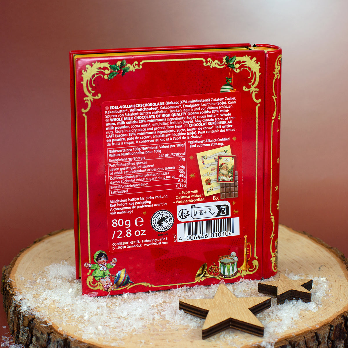 Rückseite des Heidel Schokoladenbuchs Weihnachts-Nostalgie mit Zutaten und Nährwertangaben