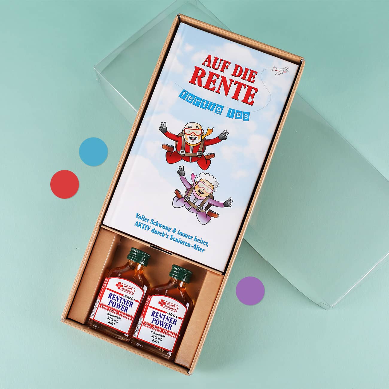 Geschenkset zur Rente mit Buch und kleinen Kräuter Likören