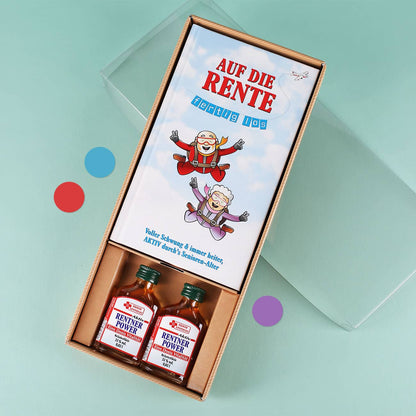 Geschenkset zur Rente mit Buch und kleinen Kräuter Likören