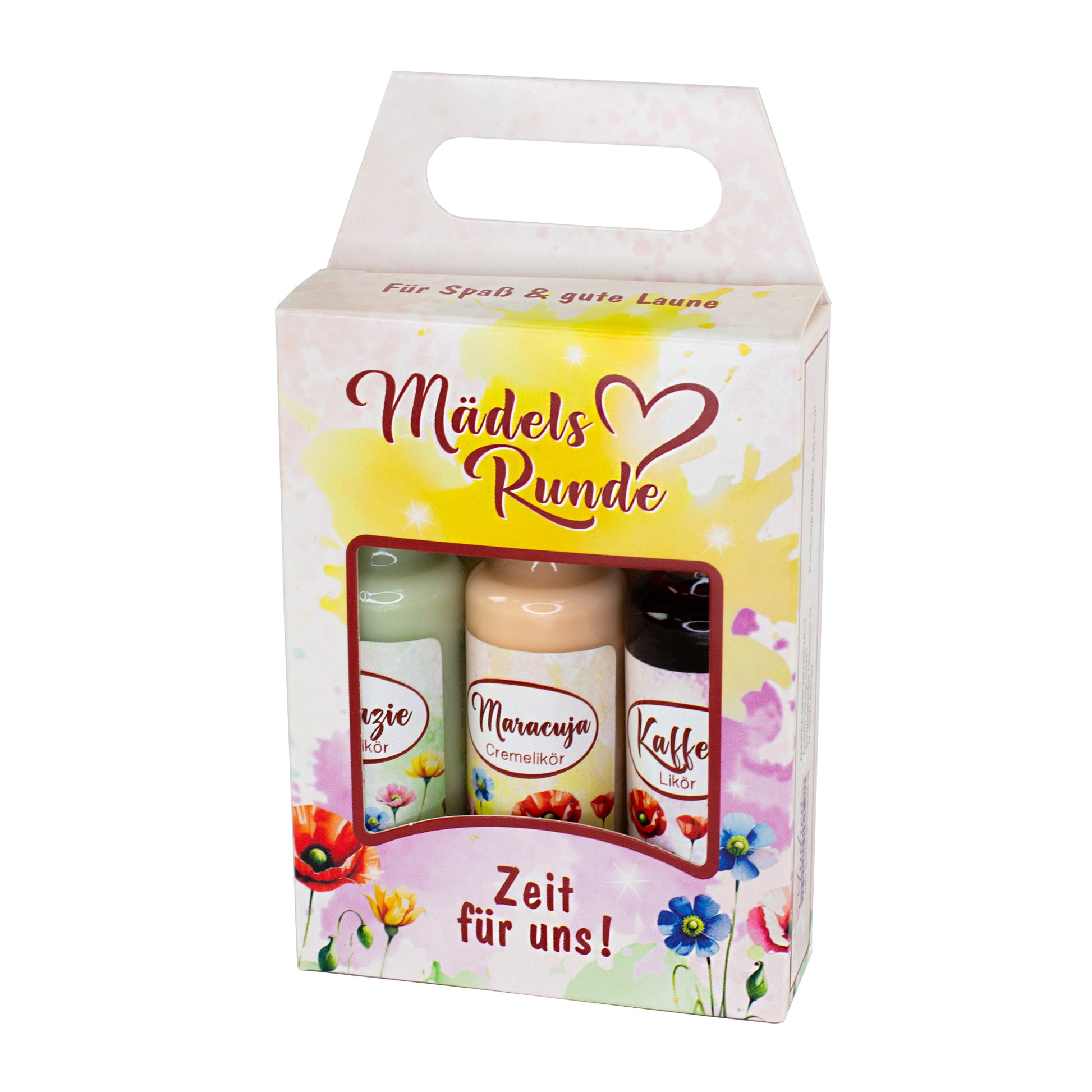 Likör Geschenkset „Mädelsrunde“ in Geschenkbox mit Tragegriff und Blumenmotiv freigestellt auf weißem Hintergrund