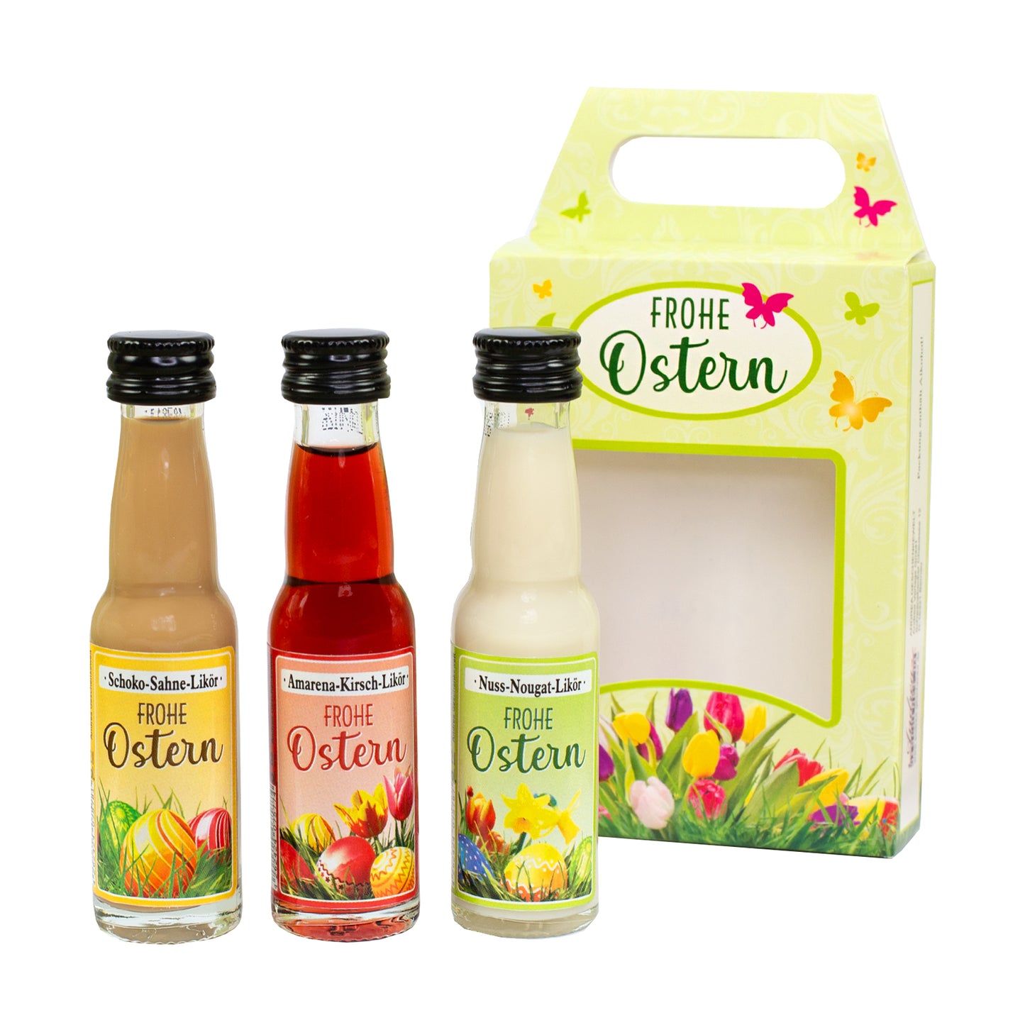 Oster Geschenkset mit drei Likör Miniaturen freigestellt auf weißem Hintergrund