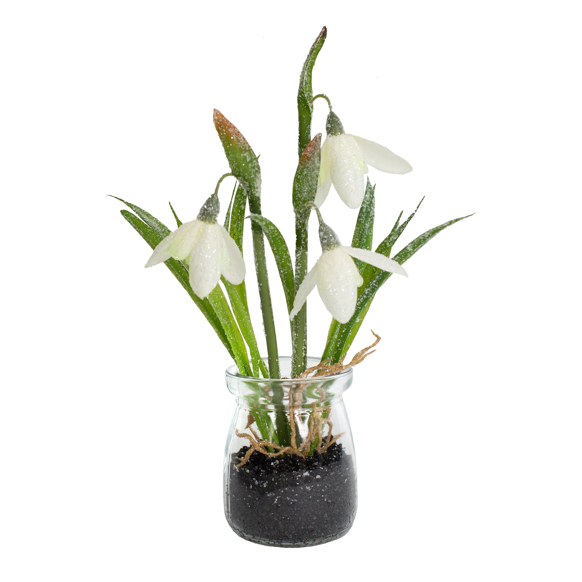 Seidenblumen-Schneeglöckchen im Glas auf weißem Hintergrund, ca. 20 cm hoch