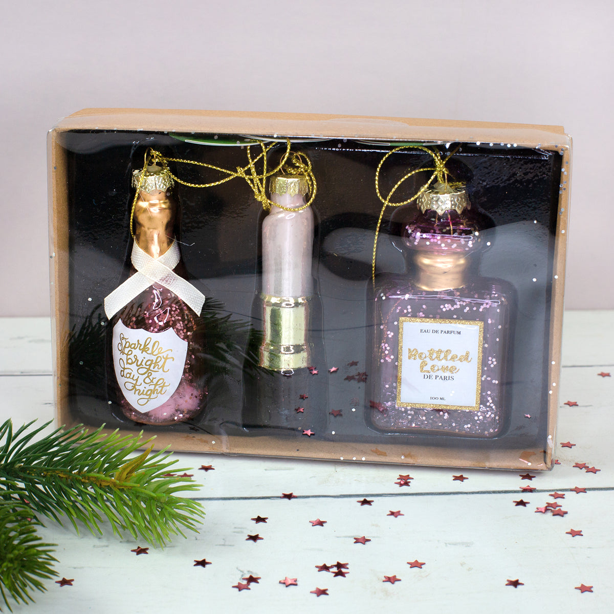 Glas Baumschmuck Fancy 3er Set mit Parfüm, Lippenstift und Sektflasche in Geschenkverpackung