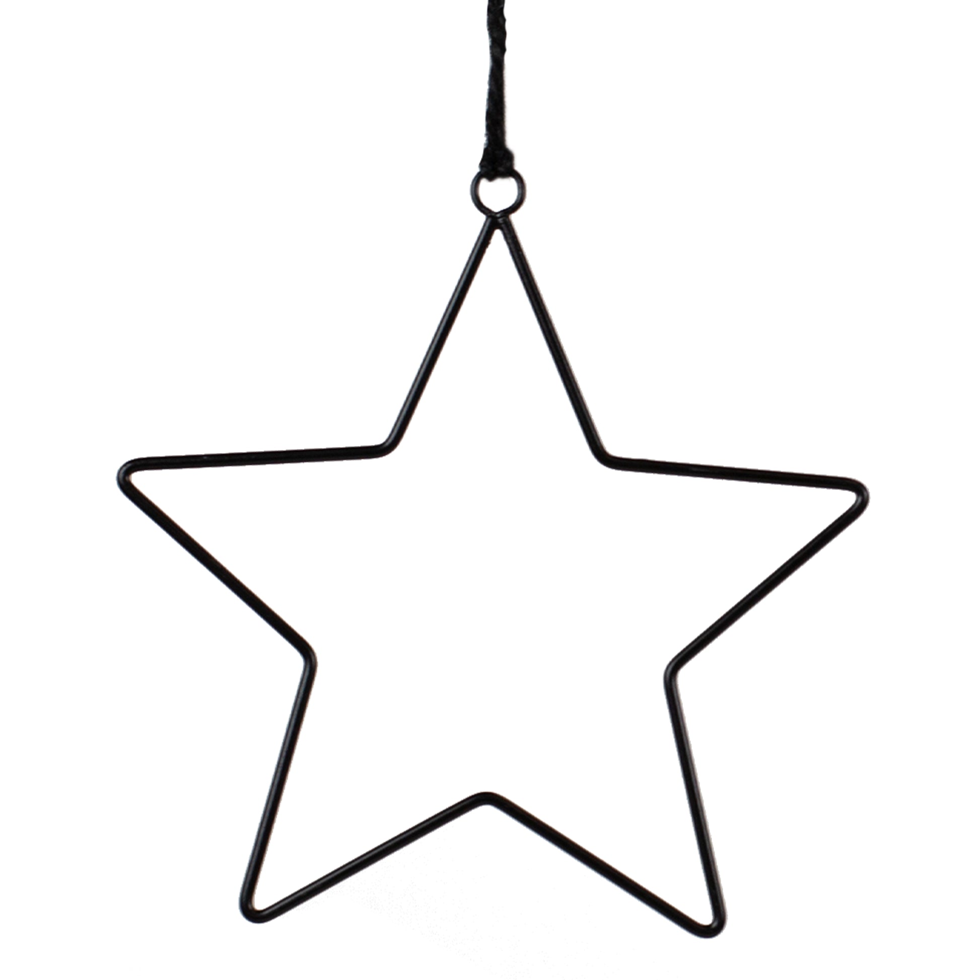 Einzelner schwarzer Metallstern mit Aufhängeschnur vor weißem Hintergrund. Der Stern ist aus filigranem, stabilem Metall gefertigt.