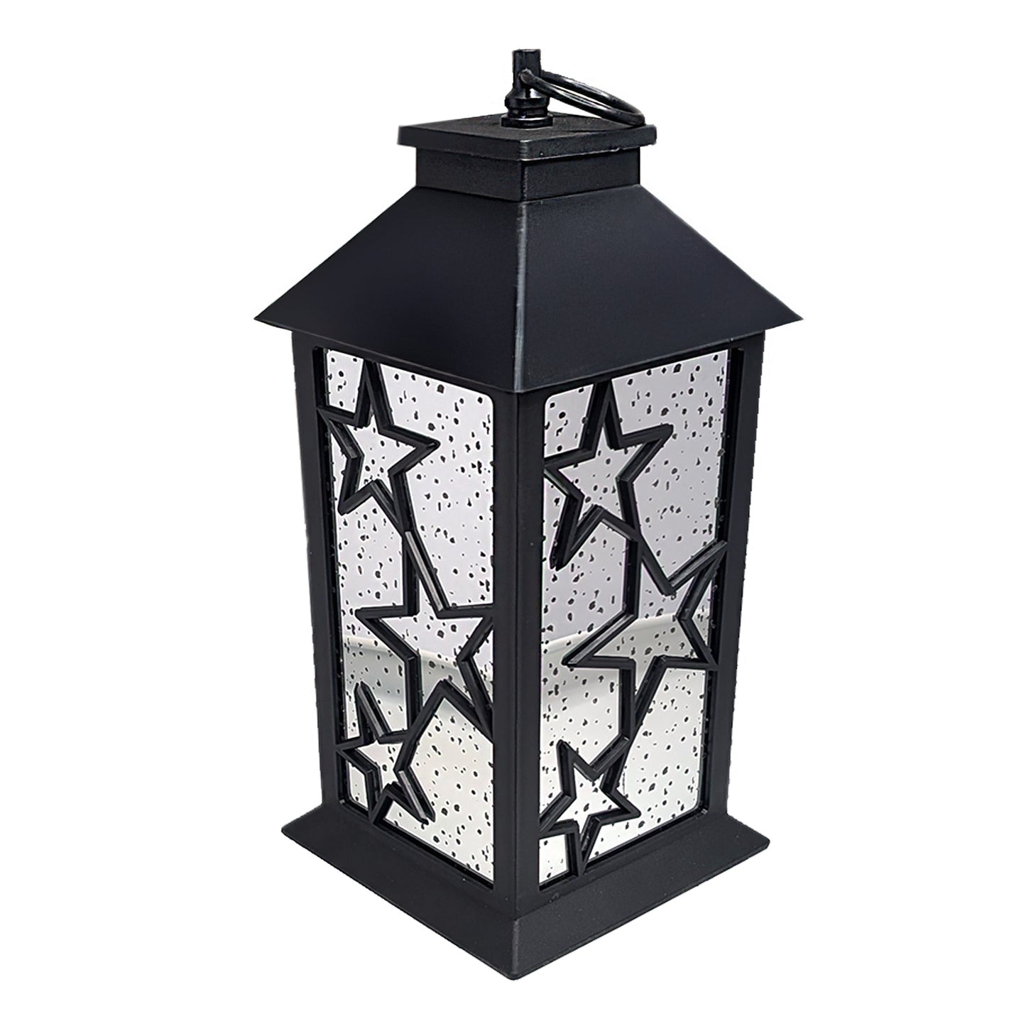 Produktansicht der LED-Laterne mit Sternenmuster und Spiegelwänden auf weißem Hintergrund