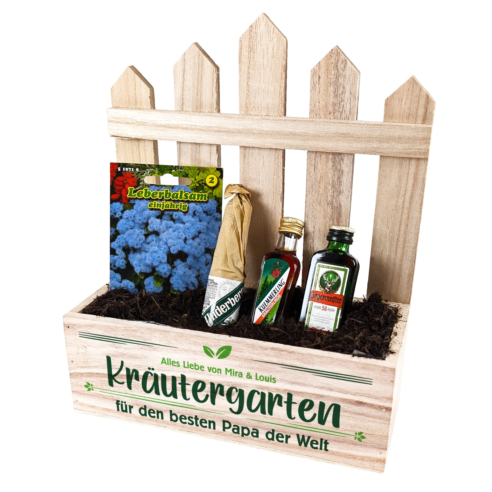 Freigestelltes Bild der vollen Kiste mit allen Bestandteilen vor weißem Hintergrund