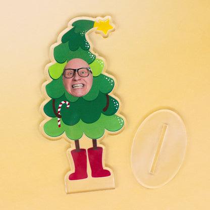 Personalisierter Weihnachtsbaum-Aufsteller aus Acryl mit Foto-Gesicht und separat dargestelltem transparentem Standfuß