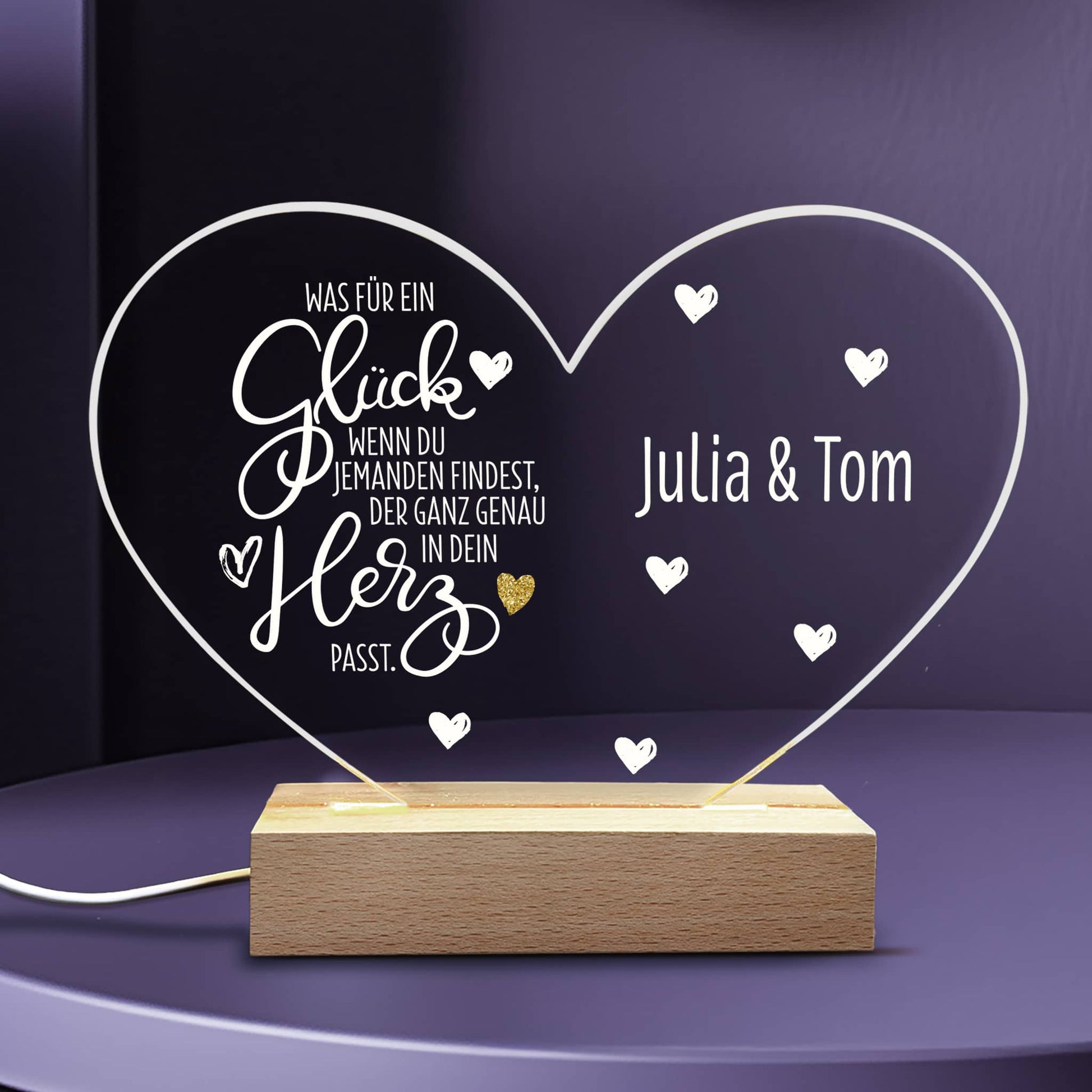LED Acrylglas Licht bedruckt mit Spruch, Herzen und Namen