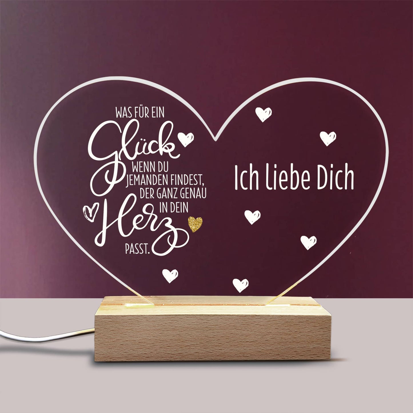 Bedrucktes Acrylglas Licht in Herzform mit LED Holzsockel für Verliebte