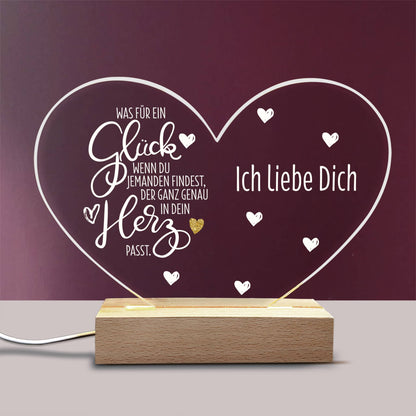 Bedrucktes Acrylglas Licht in Herzform mit LED Holzsockel für Verliebte