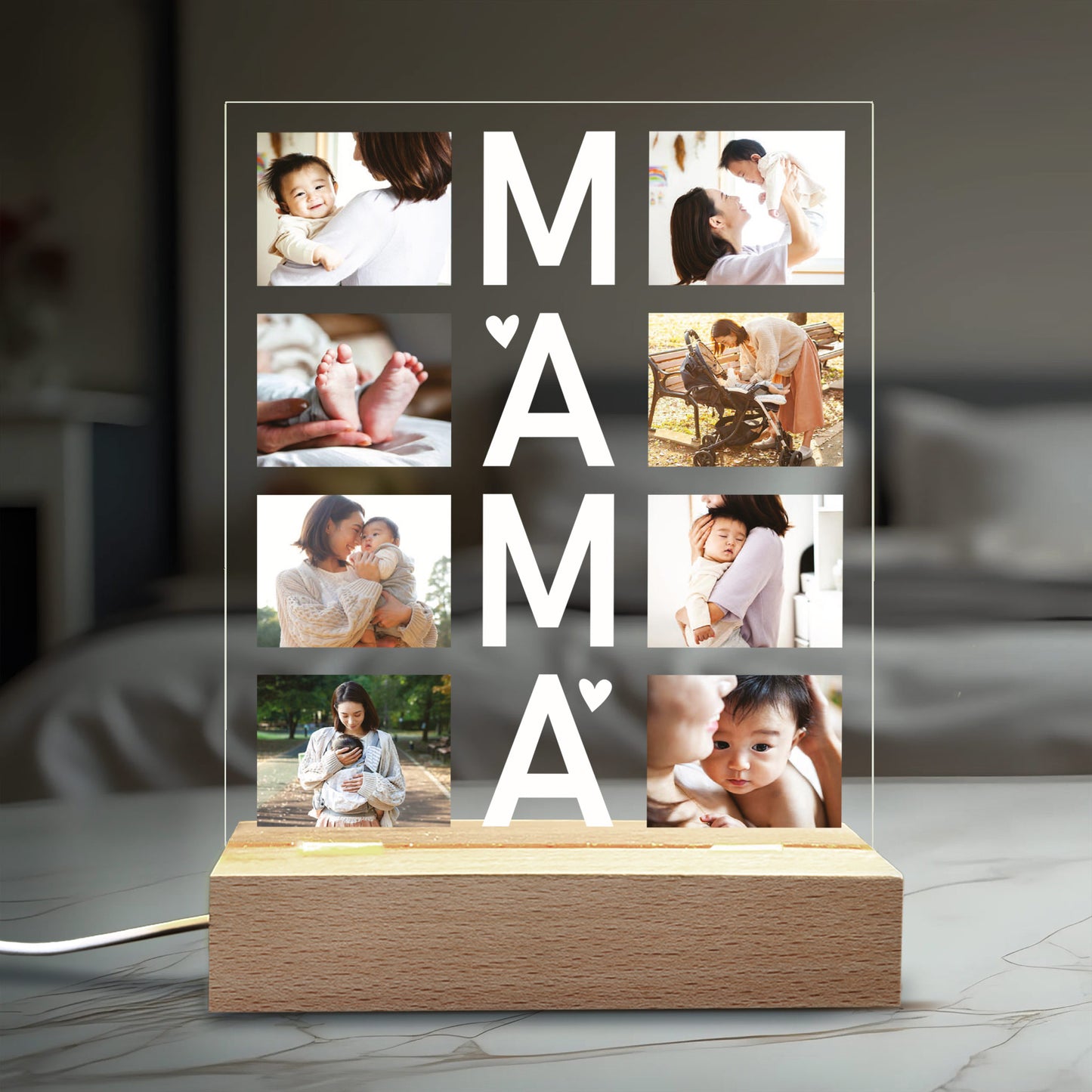 Personalisierte LED-Lampe mit „MAMA“-Schriftzug, hinterleuchtet in warmweiß – 8 Fotos integriert.