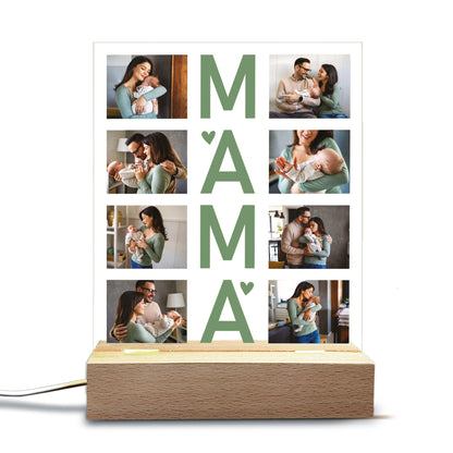 Personalisierte LED-Lampe mit Acrylglasplatte und „MAMA“-Schriftzug, bedruckt mit 8 Fotos – freigestellt auf weißem Hintergrund.