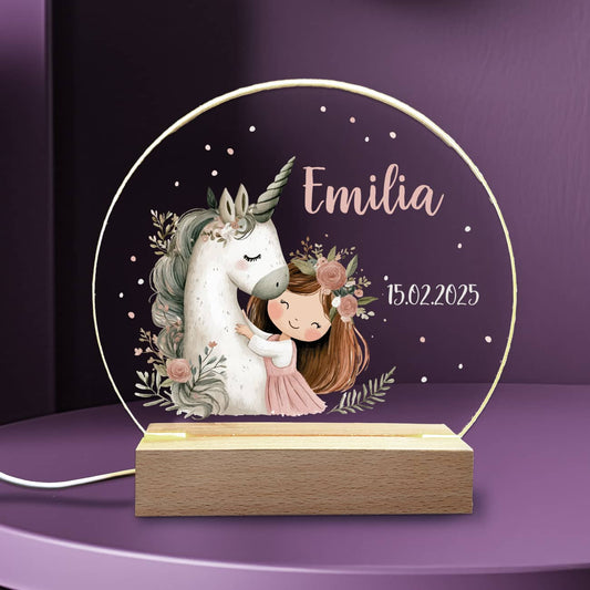 Personalisierte Kinder-Nachtlampe "Einhorn" - Geschenk zur Geburt oder Taufe, LED Licht
