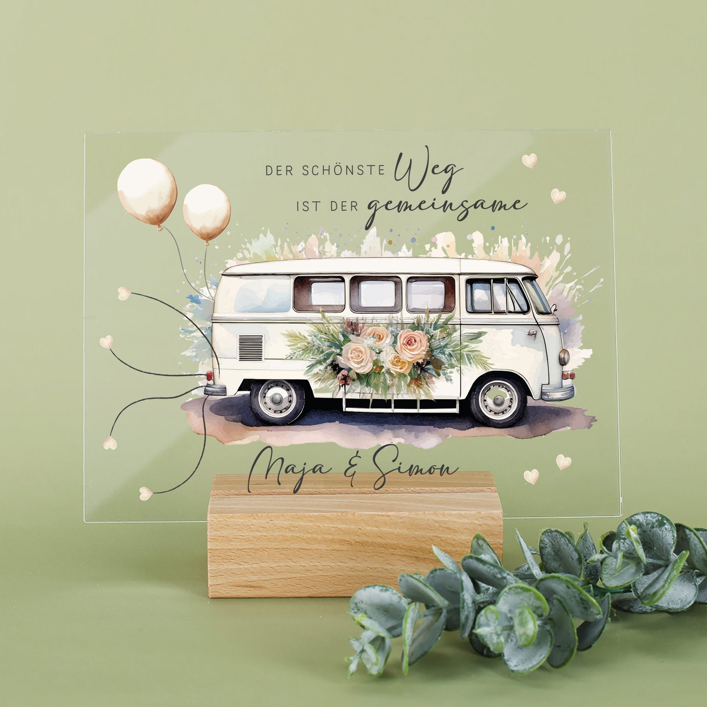 Acrylschild mit Hippie-Bus & Blumenmotiv inkl. Wunschnamen zur Hochzeit