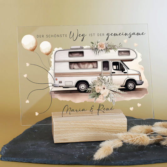 Acrylschild mit Wohnmobil & Blumenmotiv inkl. Wunschnamen zur Hochzeit