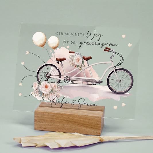 Acrylschild mit Tandem & Blumenmotiv inkl. Wunschnamen zur Hochzeit