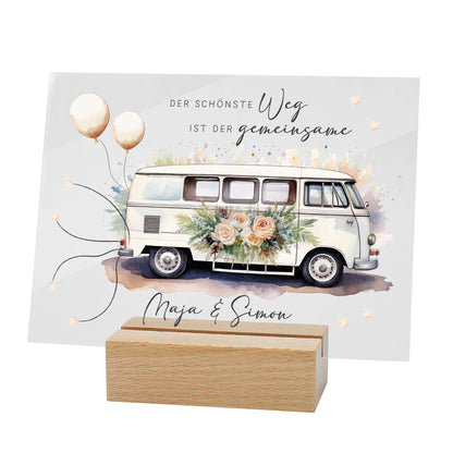 Acrylschild mit Hippie-Bus & Blumenmotiv inkl. Wunschnamen zur Hochzeit