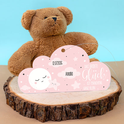 Acryl Anhänger rosa Wolke zur Geburt personalisiert mit Name & Geburtsdatum | Deko für Mädchen