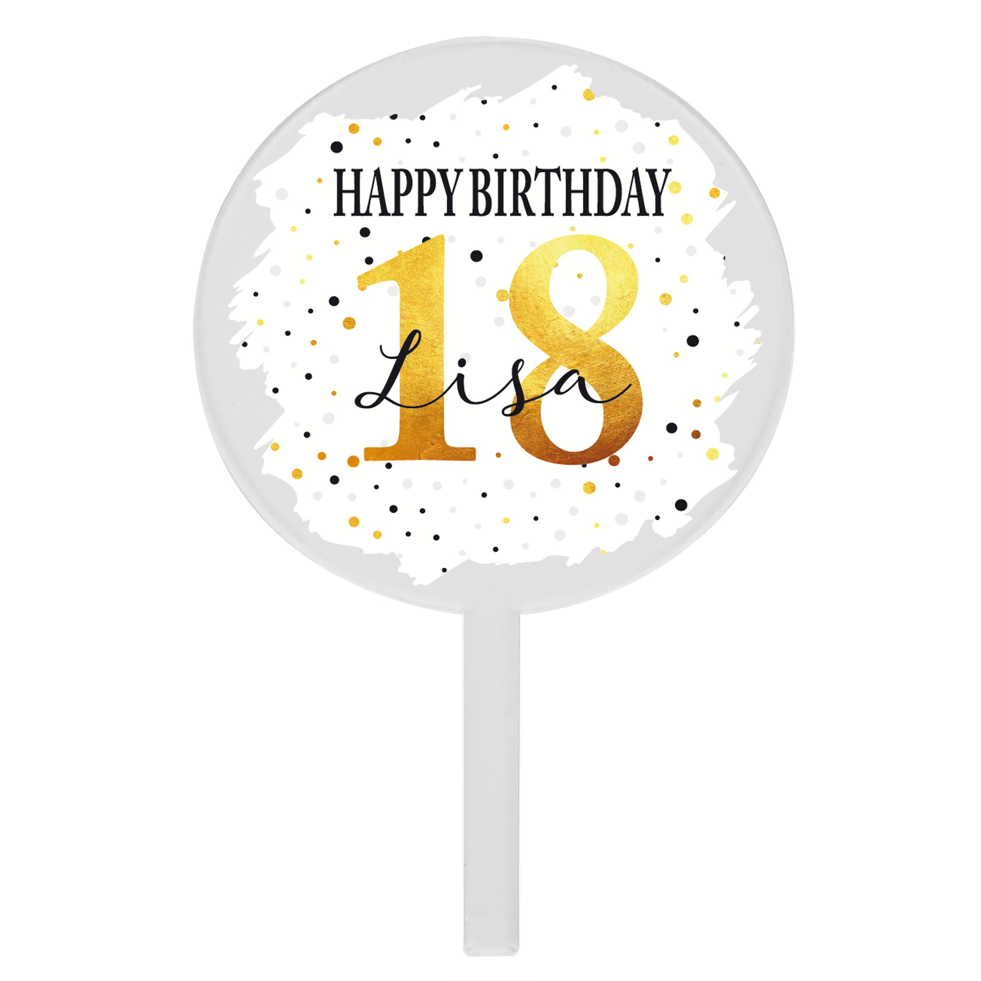 Personalisierter Tortentopper Happy Birthday mit Name und Alter 18 aus transparentem Acryl
