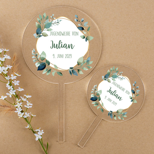 Zwei Größen personalisierter Tortentopper Jugendweihe mit Name Julian und Datum im Blätterdesign