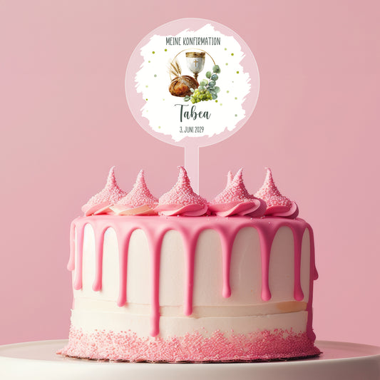 Personalisierter Caketopper zur Konfirmation mit christlichen Symbolen Kelch Brot Trauben und Name