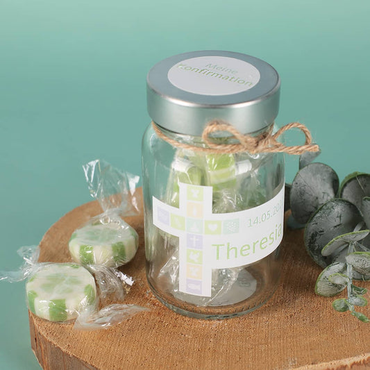 Kleeblatt Bonbons im Glas für Taufe, Kommunion, Firmung, Konfirmation Gäste