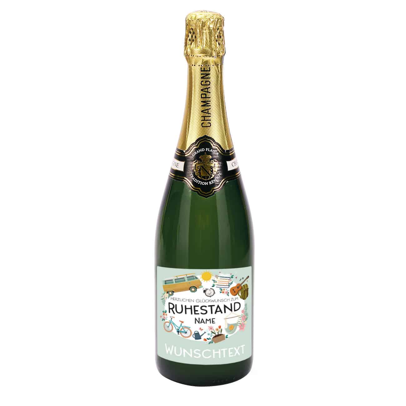 Grand Plaisir Champagner zum Ruhestand mit buntem Etikett mit Name und Wunschtext
