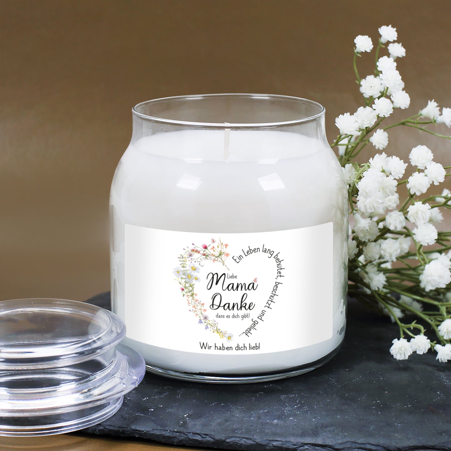 Personalisierte Duftkerze für Mama zum Muttertag o. Geburtstag | Wiesenblumen Herz