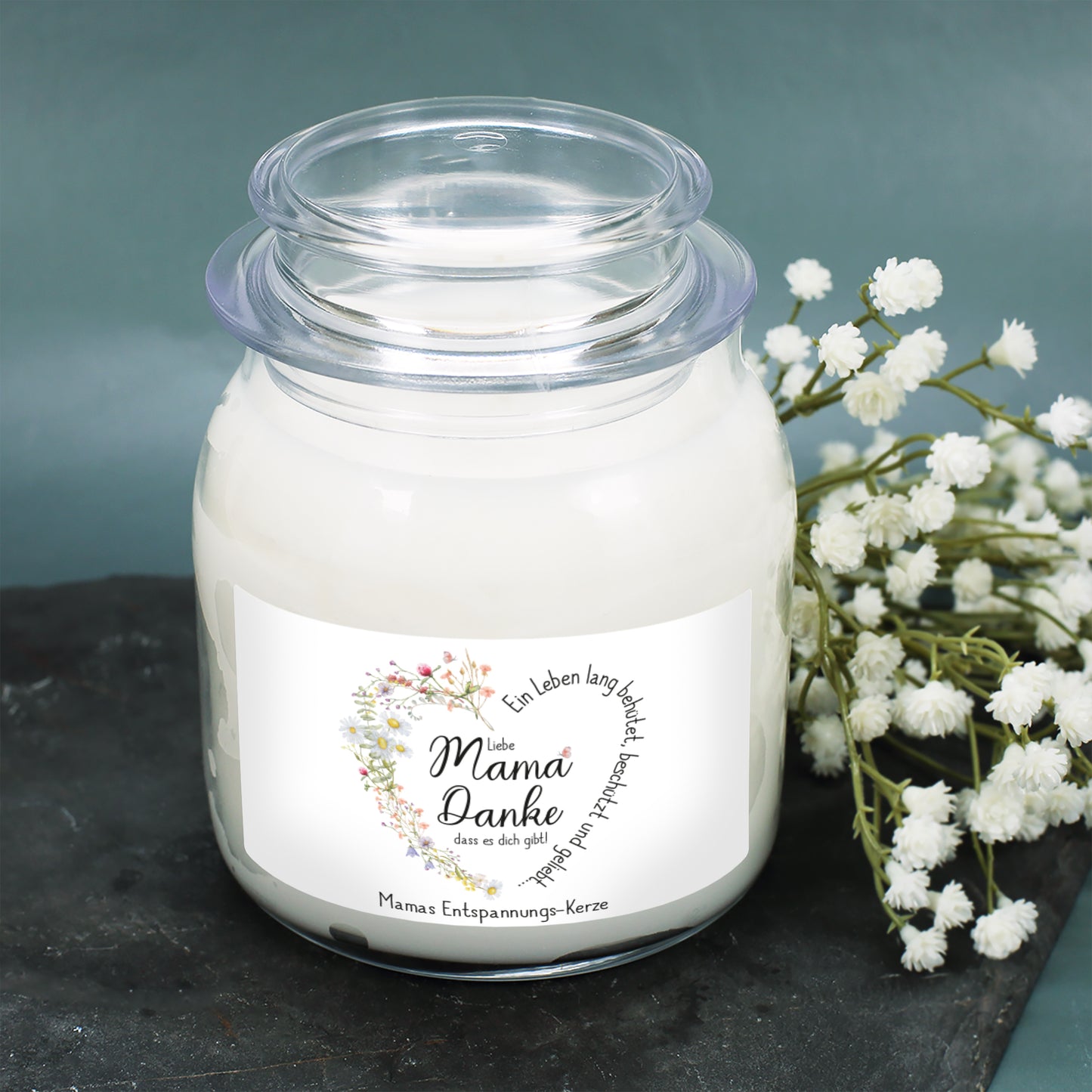 Personalisierte Duftkerze für Mama zum Muttertag o. Geburtstag | Wiesenblumen Herz