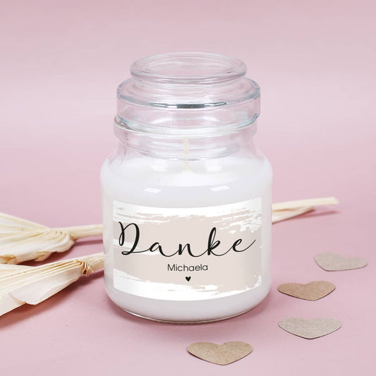 Duftkerze im Glas mit personalisiertem "Danke"-Etikett mit Text nach Wunsch