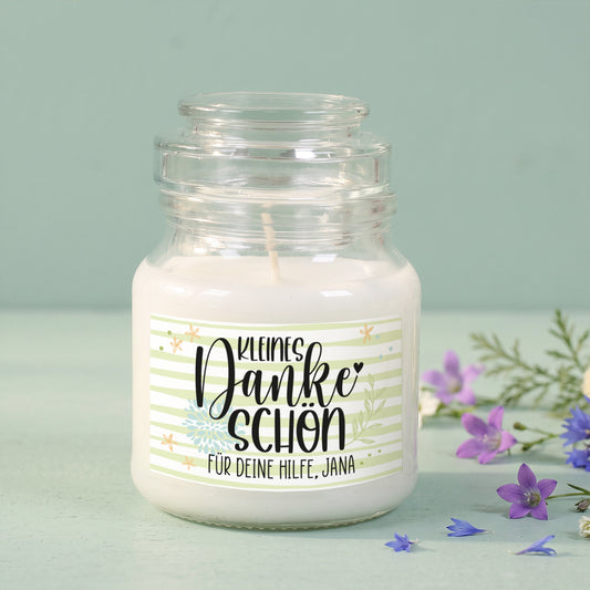 Duftkerze im Glas "Kleines Dankeschön"-Etikett mit Wunschtext