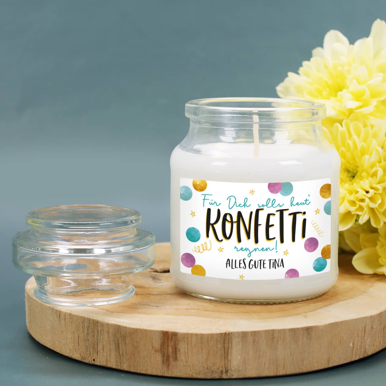 Für dich solls heut' Konfetti regnen - Duftkerze mit Text personalisiert