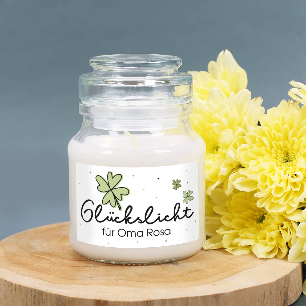 Duftkerze im Glas mit personalisiertem "Glückslicht"-Etikett mit Text nach Wunsch