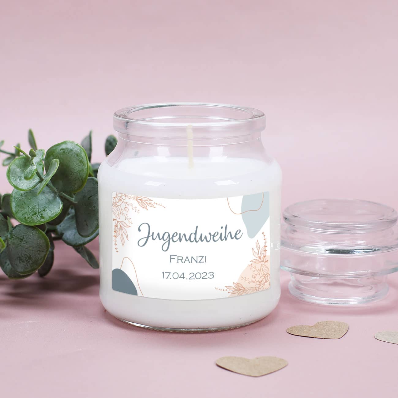 Jugendweihe - Duftkerze im Deckglas mit personalisierten Etikett