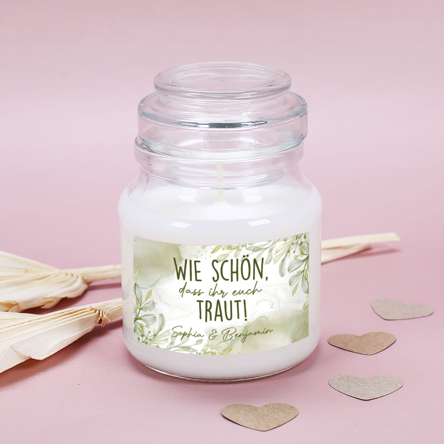 Personalisierte Duftkerze zur Hochzeit mit Wunschtext - Wie schön, dass ihr euch traut!