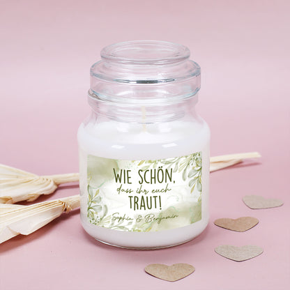 Personalisierte Duftkerze zur Hochzeit mit Wunschtext - Wie schön, dass ihr euch traut!
