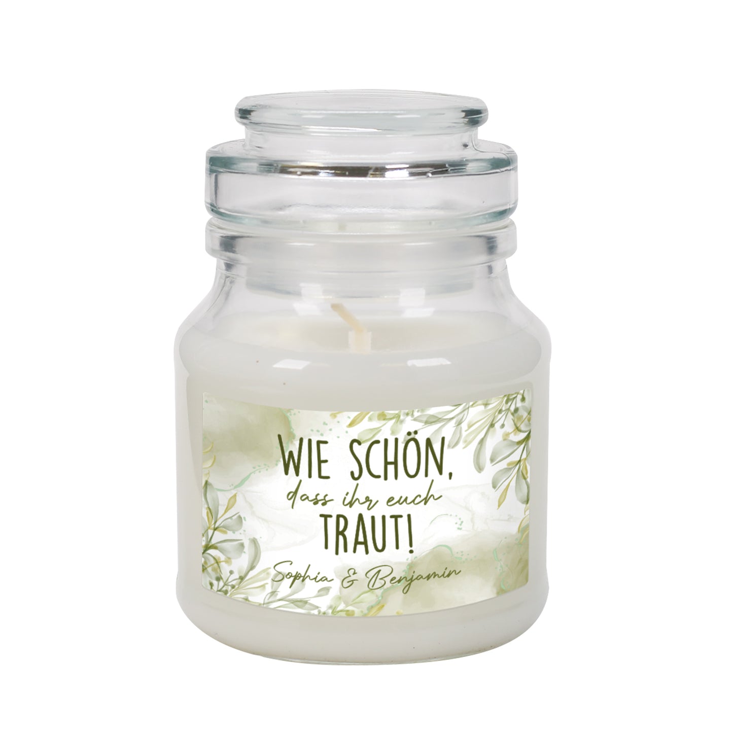 Personalisierte Duftkerze zur Hochzeit mit Wunschtext - Wie schön, dass ihr euch traut!