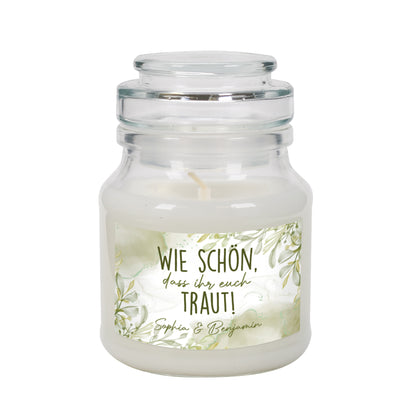 Personalisierte Duftkerze zur Hochzeit mit Wunschtext - Wie schön, dass ihr euch traut!