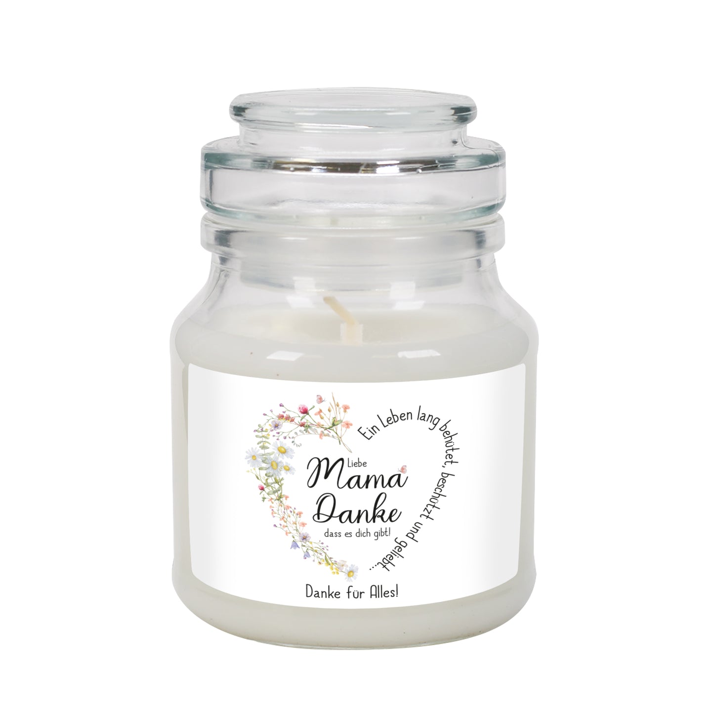 Duftkerze im Glas mit Deckel, stehend vor weißem Hintergrund. Das Etikett trägt ein liebevoll gestaltetes Wiesenblumen-Herz, das den Spruch „Ein Leben lang behütet, beschützt und geliebt…“ umrahmt. In der Mitte steht „Liebe Mama, Danke, dass es dich gibt!“. Die personalisierbare Textzeile unten zeigt „Danke für Alles!“. Perfektes Geschenk zum Muttertag oder Geburtstag, mit einer warmen, persönlichen Botschaft.
