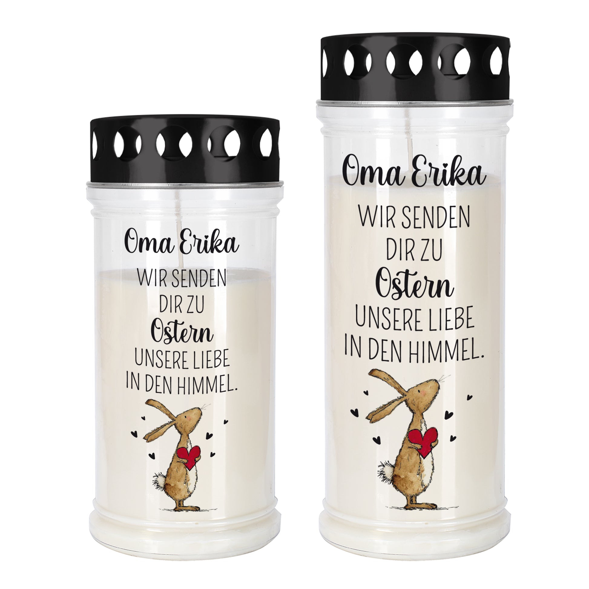 Grablicht zu Ostern personalisiert mit Wunschtext und Hasenmotiv in zwei Größen